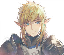 Rule 34 | 1boy, armor, blonde hair, blue eyes, closed mouth, earrings, expressionless, jewelry, link, lino chang, long hair, looking at viewer, male focus, nintendo, pauldrons, pointy ears, portrait, shoulder armor, sidelocks, signature, simple background, solo, the legend of zelda, the legend of zelda: breath of the wild, white background