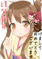 Rule 34 | 10s, 1girl, bad id, bad pixiv id, blush, brown eyes, brown hair, folded ponytail, furisode, hair ornament, inazuma (kancolle), japanese clothes, kantai collection, kimono, long hair, looking at viewer, maccha, open mouth, sidelocks, solo, text focus, translation request, upper body