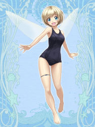 Rule 34 | 1girl, :d, barefoot, black one-piece swimsuit, blonde hair, blue background, blue eyes, blush, breasts, character request, collarbone, commentary request, dairoku ryouhei, fairy, fairy wings, full body, legband, looking at viewer, medium breasts, old school swimsuit, one-piece swimsuit, open mouth, rohitsuka, school swimsuit, short ponytail, skindentation, smile, solo, standing, swimsuit, thigh strap, toes, wings