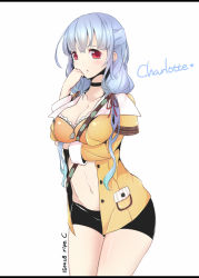 Rule 34 | 10s, 1girl, 2015, artist name, blue hair, breast hold, breasts, character name, charlotte (cyphers), choker, cleavage, collarbone, cowboy shot, crossed arms, cyphers, dated, hair ribbon, hand on own face, large breasts, long hair, long sleeves, looking at viewer, navel, red eyes, ribbon, ripe.c, solo