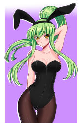 Rule 34 | 1girl, absurdres, alternate hairstyle, animal ears, arm behind head, bare shoulders, black leotard, black pantyhose, blush, breasts, c.c., c2reayus, cleavage, code geass, commentary, covered navel, cowboy shot, english commentary, fake animal ears, female focus, gradient background, green eyes, highleg, highleg leotard, highres, leotard, long hair, looking at viewer, medium breasts, pantyhose, playboy bunny, ponytail, purple background, rabbit ears, skindentation, solo, standing, strapless, strapless leotard, thigh gap, yellow eyes