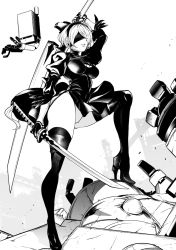 Rule 34 | 1girl, asu (asoras), blindfold, boots, breasts, cleavage cutout, clothing cutout, dual wielding, feather-trimmed sleeves, full body, greyscale, hairband, high heel boots, high heels, highleg, highleg leotard, highres, holding, katana, leg up, leotard, lips, long sleeves, medium breasts, mole, mole under mouth, monochrome, nier (series), nier:automata, pod (nier:automata), short hair, standing, sword, tassel, thigh boots, thighhighs, thighs, weapon, 2b (nier:automata)