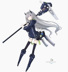 Rule 34 | 1girl, belt, black thighhighs, blue footwear, blue jacket, boots, grey background, headgear, hoe, holding, jacket, long hair, looking at viewer, navel, original, poco (asahi age), purple eyes, silver hair, solo, standing, thighhighs, very long hair, white background