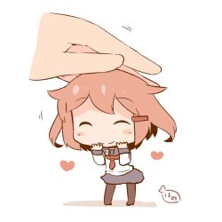 Rule 34 | 10s, 1girl, black pantyhose, blush stickers, brown hair, chibi, closed eyes, commentary request, hair ornament, hairclip, hands on own face, hanomido, headpat, heart, ikazuchi (kancolle), kantai collection, mini person, minigirl, motion lines, neckerchief, pantyhose, red neckerchief, school uniform, serafuku, short hair, simple background, skirt, smile, solo focus, standing, white background