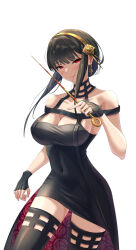 Rule 34 | 1girl, black dress, black gloves, black hair, black thighhighs, blood, bloody weapon, breasts, covered navel, cowboy shot, dagger, dress, earrings, fingerless gloves, flower, gloves, gold earrings, gold hairband, hair ornament, hairband, holding, holding dagger, holding knife, holding weapon, jewelry, knife, large breasts, red eyes, rose, sidelocks, simple background, solo, spy x family, stiletto (weapon), thighhighs, thighs, two-sided dress, two-sided fabric, uyufuzi s, weapon, white background, yor briar, zettai ryouiki