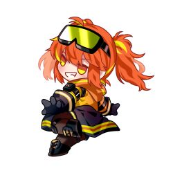 1girl absurdres black_footwear black_gloves black_pantyhose blush chelsea_(neural_cloud) chibi commission commissioner_upload firefighter firefighter_jacket from_side full_body girls&#039;_frontline_neural_cloud gloves goggles goggles_on_head highres jacket long_sleeves looking_at_viewer non-web_source open_mouth orange_hair orange_jacket pantyhose simple_background smug solo standing standing_on_one_leg teeth twintails white_background yellow_eyes yuutama2804