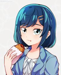 Rule 34 | 1girl, absurdres, artist name, blue eyes, blue hair, blue jacket, chewing, closed mouth, delicious party precure, dungeon toaster, food, food on face, fuwa kokone, grey background, hair ornament, hairclip, highres, holding, holding food, jacket, looking at viewer, precure, shirt, short hair, smile, solo, upper body, white shirt