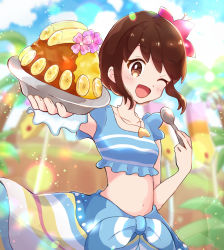 Rule 34 | 1girl, ;d, banana, blue sarong, blue shirt, blurry, blurry background, blush, bowl, brown eyes, brown hair, cloud, collarbone, commentary request, creatures (company), curry, day, flower, food, fruit, game freak, gloria (pokemon), gloria (summer 2021) (pokemon), hair flower, hair ornament, haru (haruxxe), holding, holding bowl, holding spoon, jewelry, looking at viewer, navel, necklace, nintendo, official alternate costume, one eye closed, open mouth, outdoors, outstretched arm, palm tree, pokemon, pokemon masters ex, purple flower, sarong, scrunchie, shirt, sky, sleeveless, sleeveless shirt, smile, solo, spoon, tongue, tree, wrist scrunchie