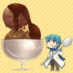 Rule 34 | 1boy, blue eyes, blue hair, blue scarf, cup, food, ice cream, kaito (vocaloid), male focus, matching hair/eyes, mini person, miniboy, open mouth, reki (arequa), saliva, scarf, solo, spoon, vocaloid