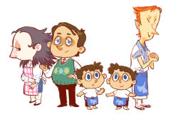 Rule 34 | 1girl, 4boys, :&gt;, animal crossing, apron, blue eyes, brothers, brown hair, child, evil smile, freckles, from side, hand on own hip, hannah ayoubi, height difference, looking at viewer, multiple boys, necktie, nintendo, orange hair, personification, profile, redd (animal crossing), sable able (animal crossing), siblings, simple background, smile, standing, sweater vest, timmy (animal crossing), tom nook (animal crossing), tommy (animal crossing), twins, vest, waist apron, white background