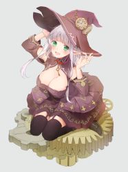 Rule 34 | 1girl, bare shoulders, black thighhighs, blush, breasts, cleavage, cleavage cutout, clock, clothing cutout, full body, garter straps, gears, green eyes, hat, large breasts, long hair, maigoyaki, mole, mole under eye, open mouth, original, pointy ears, silver hair, sitting, smile, solo, thighhighs, wariza, witch hat