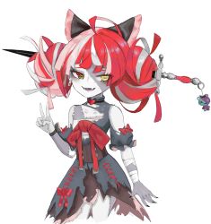 Rule 34 | 1girl, absurdres, bandaged arm, bandages, black bow, black nails, bow, colored skin, commentary, dme1, double bun, english commentary, fangs, fingernails, flat chest, grey hair, grey skin, hair bow, hair bun, heterochromia, highres, hololive, hololive indonesia, huge bow, kureiji ollie, looking to the side, nail polish, open mouth, pink hair, pop tab, red bow, red eyes, red hair, sharp fingernails, solo, stitched arm, stitched face, stitched torso, stitches, sword, symbol-shaped pupils, v, virtual youtuber, weapon, white background, yellow eyes, zombie