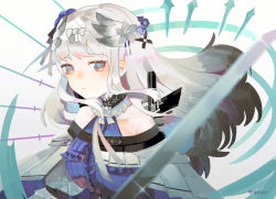 Rule 34 | 1girl, arknights, bare shoulders, bibeak (arknights), black hair, blue dress, blue eyes, blurry, blurry foreground, bow, closed mouth, commentary request, dress, flower, gradient hair, hair bow, hair flower, hair ornament, highres, infection monitor (arknights), long hair, looking at viewer, material growth, multicolored hair, off-shoulder dress, off shoulder, open mouth, oripathy lesion (arknights), purple flower, rippajun, silver hair, solo, sword, twitter username, upper body, weapon, white background, white bow