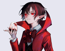 Rule 34 | 1boy, alcohol, black hair, black vest, blood, bow, bowtie, brooch, closed mouth, coat, collared shirt, cup, drinking glass, fingernails, frown, highres, holding, holding cup, jewelry, library of ruina, long sleeves, looking to the side, male focus, moth ram, multicolored hair, nosferatu (project moon), pointy ears, project moon, red bow, red bowtie, red coat, red eyes, red hair, sharp fingernails, shirt, solo, streaked hair, upper body, vampire, vest, white shirt, wine, wine glass