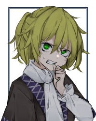 Rule 34 | 1girl, absurdres, angry, biting, blonde hair, bright pupils, clenched teeth, eye focus, frown, green eyes, green nails, hair between eyes, highres, hisha (kan moko), looking at viewer, mizuhashi parsee, nail biting, nail polish, outside border, ponytail, scarf, scowl, short hair, simple background, solo, sweatdrop, teeth, touhou, upper body, v-shaped eyebrows, white neckwear, white pupils, white sleeves