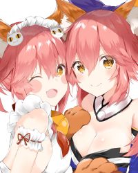 Rule 34 | 10s, 2girls, animal ears, animal hands, bell, blush, blush stickers, breasts, cleavage, collar, dual persona, fang, fate/extra, fate/grand order, fate (series), fox ears, hair ribbon, japanese clothes, large breasts, long hair, looking at viewer, maid headdress, multiple girls, neck bell, one eye closed, open mouth, pink hair, ribbon, simple background, tamamo (fate), tamamo cat (fate), tamamo cat (third ascension) (fate), tamamo no mae (fate/extra), white background, yellow eyes