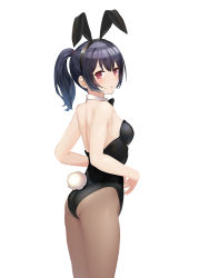 Rule 34 | 1girl, :t, animal ears, ass, bare arms, bare shoulders, black bow, black bowtie, black hair, black hairband, black leotard, blush, bow, bowtie, breasts, brown pantyhose, closed mouth, collar, commentary request, detached collar, fake animal ears, hairband, idolmaster, idolmaster shiny colors, leotard, looking at viewer, looking back, medium breasts, morino rinze, o (rakkasei), pantyhose, playboy bunny, ponytail, rabbit ears, rabbit tail, red eyes, simple background, solo, strapless, strapless leotard, tail, white background, white collar