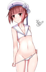 Rule 34 | 10s, 1girl, bare shoulders, beret, bikini, bikini pull, blunt bangs, bow, character name, closed mouth, clothes pull, clothes writing, collarbone, cowboy shot, expressionless, flat chest, gluteal fold, hand on own hip, hat, hat bow, hat ornament, jotarozaku, kantai collection, navel, pulled by self, red eyes, red hair, sailor bikini, sailor collar, short hair, signature, simple background, solo, standing, stomach, striped, striped bow, swimsuit, white background, white bikini, white hat, z3 max schultz (kancolle)