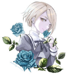 Rule 34 | 1girl, artist name, assault lily, black ribbon, blue flower, blue rose, closed mouth, commentary request, cropped torso, fingernails, floral background, flower, flower to mouth, grey hair, hand up, highres, holding, holding flower, juliet sleeves, kawazoe misuzu, light smile, long sleeves, looking at viewer, looking to the side, neck ribbon, puffy sleeves, ribbon, rose, school uniform, shirt, short hair, sideways glance, signature, solo, swept bangs, upper body, wednesday (starsilver), white background, white shirt, yellow eyes, yurigaoka girls academy school uniform