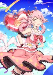 Rule 34 | 1girl, absurdres, alternate costume, armpits, black survival, blush, breasts, brown eyes, collarbone, cowboy shot, curly hair, dress, eleven (black survival), gem, gloves, hair ornament, heart, heart hands, highres, looking at viewer, magical girl, medium breasts, natie, open mouth, pink dress, pink hair, solo, teeth, thighhighs, upper teeth only, white gloves, zettai ryouiki