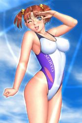 Rule 34 | 1girl, ;d, arm up, armpits, blue eyes, blush, breasts, cleavage, clenched hand, cloud, competition swimsuit, covered erect nipples, day, earrings, eyelashes, fingernails, game cg, hair bobbles, hair ornament, highleg, highleg swimsuit, impossible clothes, impossible swimsuit, jewelry, large breasts, long fingernails, looking at viewer, mifune chiho, one-piece swimsuit, one eye closed, open mouth, outdoors, parted bangs, red eyes, salute, short hair, short twintails, sister mermaid, sky, smile, solo, standing, swimsuit, thighs, tsukasa jun, twintails, wink