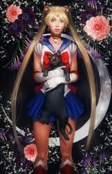Rule 34 | bishoujo senshi sailor moon, blonde hair, blue eyes, cat, crystal graziano, earrings, elbow gloves, gloves, hair ornament, highres, jewelry, looking at viewer, luna (sailor moon), magical girl, realistic, sailor collar, sailor moon, skirt, sleeveless, tiara, tsukino usagi, twintails, white gloves