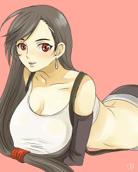 Rule 34 | 1990s (style), 1girl, breasts, brown hair, cleavage, covered erect nipples, earrings, elbow gloves, female focus, final fantasy, final fantasy vii, gloves, jewelry, long hair, lying, nicorin, red eyes, retro artstyle, shirt, simple background, solo, suspenders, tifa lockhart, wet, wet clothes, wet shirt