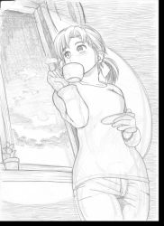 Rule 34 | 1girl, bow, cactus, cloud, cup, curtains, dagashi (place), denim, drinking, from below, greyscale, hair bow, hatching (texture), hatsuseno alpha, jeans, linear hatching, monochrome, morning, pants, plant, ponytail, potted plant, saucer, sketch, sky, solo, steam, window, yokohama kaidashi kikou