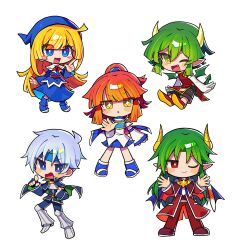 +_+ 2boys 3girls absurdres arle_nadja black_gloves black_pants blonde_hair blue_eyes blue_footwear blue_sky blunt_bangs blush blush_stickers boots bright_pupils brown_eyes brown_hair chibi chibi_only china_dress chinese_clothes closed_mouth detached_sleeves draco_centauros dragon_girl dragon_horns dragon_tail dragon_wings dress elbow_gloves fang fingerless_gloves gloves green_hair grey_hair highres horns long_hair long_sleeves looking_at_viewer multiple_boys multiple_girls offbeat one_eye_closed open_mouth pants parted_lips pleated_skirt pointy_ears puyopuyo red_dress red_eyes red_footwear red_pants satan_(puyopuyo) schezo_wegey short_hair short_ponytail simple_background skirt sky sleeveless sleeveless_dress smile tail white_background white_gloves white_pupils wings witch_(puyopuyo)