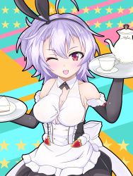 Rule 34 | 1girl, apron, azur lane, back bow, backless dress, backless outfit, black sleeves, bow, breasts, button gap, cleavage, detached sleeves, dress, frilled apron, frills, fur trim, hair between eyes, highres, holding, holding tray, kent (azur lane), light purple hair, looking at viewer, maid apron, medium breasts, medium hair, one eye closed, open mouth, red eyes, solo, tray, white apron, white bow, zerozeroover