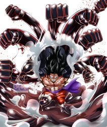 Rule 34 | 1boy, alternate form, black hair, blood, blue pants, bounce man, gear fourth, haki, highres, jacket, long hair, male focus, monkey d. luffy, multiple arms, muscular, muscular male, one piece, pants, red eyes, scar, smile, solo, steam, tattoo, transformation