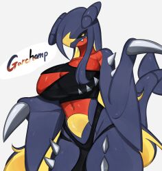Rule 34 | black sclera, blonde hair, blue hair, breasts, claws, cleavage, colored sclera, colored skin, creatures (company), dark blue hair, dark blue skin, game freak, garchomp, gen 4 pokemon, highres, huge breasts, looking at viewer, midriff, multicolored hair, navel, nintendo, pokemon, pokemon (creature), red skin, shark girl, sharp teeth, smile, spikes, star (symbol), teeth, thick thighs, thighs, togetoge, torn clothes, yellow eyes, yellow skin
