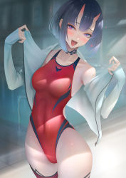 Rule 34 | 1girl, bare shoulders, blush, bob cut, breasts, collarbone, competition swimsuit, covered navel, eyeliner, fate/grand order, fate (series), highleg, highleg swimsuit, highres, horns, imizu (nitro unknown), jacket, long sleeves, looking at viewer, makeup, medium breasts, off shoulder, one-piece swimsuit, oni, open clothes, open jacket, open mouth, purple eyes, purple hair, red one-piece swimsuit, short hair, shuten douji (fate), skin-covered horns, smile, solo, swimsuit, thighs, white jacket