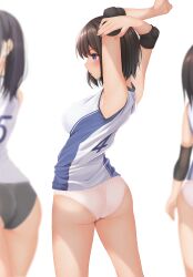 Rule 34 | 3girls, armpits, arms up, ass, ball, blue eyes, blurry, breasts, brown hair, depth of field, elbow pads, elbow sleeve, highres, knee pads, large breasts, minato ojitan, multiple girls, no pants, original, panties, pink panties, shirt, simple background, sleeveless, sleeveless shirt, solo focus, sportswear, stretching, tan, underwear, volleyball uniform, white background