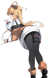 Rule 34 | 1girl, :t, absurdres, ahoge, anger vein, angry, black bow, black footwear, black pantyhose, blonde hair, blush, boots, bow, clenched hands, closed mouth, controller, dress, embarrassed, female focus, from behind, hair bow, hair ornament, hand up, heel up, highres, jacket, kneepits, knees together feet apart, leaning forward, long hair, long sleeves, looking at viewer, looking back, nai gai, off shoulder, orange jacket, orange socks, original, pantyhose, purple eyes, remote control, remote control vibrator, sex toy, short dress, sidelocks, sideways mouth, simple background, socks, solo, standing, thigh strap, trembling, vibrator, vibrator cord, vibrator under clothes, white background, white dress