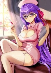 Rule 34 | 1girl, areola slip, bb (fate), bb (fate/extra), branch, breasts, cleavage, cleavage cutout, clipboard, closed mouth, clothing cutout, collared dress, couch, curtains, day, dress, fate/grand order, fate (series), feet out of frame, garter straps, glasses, hair ribbon, hat, highres, holding, holding clipboard, holding syringe, indoors, kuro (tbm9187), large breasts, long hair, looking at viewer, nurse, nurse cap, pink dress, pink thighhighs, purple eyes, purple hair, ribbon, semi-rimless eyewear, sitting, smile, solo, sunlight, syringe, thighhighs, under-rim eyewear, window