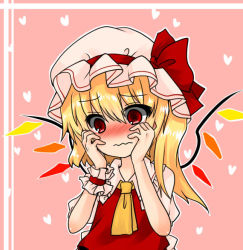 Rule 34 | 1girl, ascot, bad id, bad pixiv id, blonde hair, blush, bow, dress, embarrassed, flandre scarlet, hands on own cheeks, hands on own face, hat, hat bow, heart, koyashaka, mob cap, pink background, red dress, red eyes, short sleeves, side ponytail, solo, touhou, wavy mouth, wings, wrist cuffs