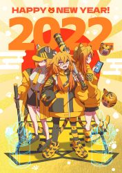 Rule 34 | 2022, 3girls, absurdres, ahoge, animal ears, asymmetrical legwear, bandaid, bandaid on face, bandaid on nose, baseball bat, baseball cap, black footwear, black legwear, black skirt, blouse, cellphone, chinese zodiac, coat, collared shirt, commentary, egasumi, english text, fangs, grey shirt, hair between eyes, hair over shoulder, hair tie, hand in pocket, happy new year, hat, hat over one eye, highres, holding, holding baseball bat, holding phone, long hair, long sleeves, looking at viewer, medium hair, miniskirt, mismatched legwear, multiple girls, necktie, nengajou, new year, no socks, off shoulder, open clothes, open coat, open mouth, orange coat, orange eyes, orange footwear, orange headwear, orange legwear, orange necktie, original, over shoulder, pantyhose, phone, shirt, shoes, short hair, skirt, smartphone, smile, somasoutaro, standing, striped clothes, striped legwear, striped pantyhose, tail, text background, tiger ears, tiger girl, tiger tail, translated, twintails, v-shaped eyebrows, year of the tiger