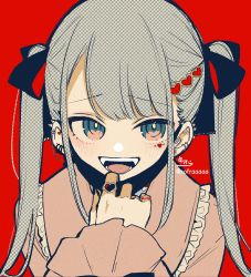 Rule 34 | 1girl, :d, black bow, blue eyes, blush, bow, brown shirt, collared shirt, commentary request, ear piercing, fake transparency, fangs, frilled shirt collar, frills, hair bow, hand up, hatsune miku, heart, highres, jewelry, long hair, looking at viewer, open mouth, piercing, red background, ring, shirt, signature, simple background, sleeves past wrists, smile, sofra, solo, twintails, twitter username, upper body, vocaloid