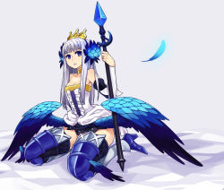 Rule 34 | 1girl, alternate hairstyle, bare shoulders, boots, breasts, chan co, choker, cleavage, crystal, detached sleeves, dress, feathers, full body, grey hair, gwendolyn (odin sphere), hair ornament, high heels, jewelry, leg wings, long hair, low wings, medium breasts, odin sphere, parted lips, polearm, pteruges, purple eyes, ring, seiza, shoes, sitting, solo, spear, strapless, strapless dress, thigh boots, thighhighs, tiara, wariza, weapon, wedding band, wings