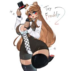 Rule 34 | animal ears, bear, bear ears, bear girl, blue eyes, blush stickers, breasts, brown hair, cleavage, eyeshadow, five nights at freddy&#039;s, five nights at freddy&#039;s 2, freckles, furry, furry female, hat, highres, inner sideboob, large breasts, long hair, looking at viewer, makeup, microphone, one eye closed, robot, smile, thick thighs, thighhighs, thighs, togetoge, top hat, toy freddy, wide hips, wink, zettai ryouiki