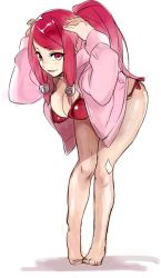 Rule 34 | 1girl, arc system works, bad id, bad pixiv id, barefoot, bent over, bikini, blazblue, breasts, cleavage, hair tubes, hood, hoodie, hyakuhachi (over3), izayoi (blazblue), large breasts, long hair, open clothes, open hoodie, ponytail, red eyes, red hair, side-tie bikini bottom, solo, swimsuit, tsubaki yayoi