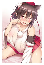 Rule 34 | 1girl, animal ears, bare shoulders, blush, breasts, brown hair, cosplay, detached sleeves, diisuke, fang, hand up, hat, huge breasts, inubashiri momiji, inubashiri momiji (cosplay), looking at viewer, miniskirt, pleated skirt, pointy ears, pom pom (clothes), red eyes, red skirt, shameimaru aya, sitting, skirt, smile, solo, tokin hat, touhou, wolf ears