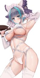 Rule 34 | 1girl, :3, aqua eyes, azur lane, bikini, black hair, breasts, cheshire (azur lane), choker, cleavage, cowboy shot, day, detached sleeves, earrings, frills, garter straps, gloves, hairband, highleg, highleg bikini, highres, holding, holding tray, jewelry, large breasts, looking at viewer, maid headdress, multicolored hair, multiple straps, navel, piukute062, revealing clothes, ribbon, shiny skin, simple background, smile, solo, stomach, streaked hair, stud earrings, swimsuit, thighhighs, thighs, tray, unfinished, white background, white bikini, white gloves, white thighhighs, wrist cuffs