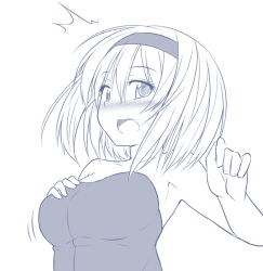 Rule 34 | 1girl, ^^^, alice margatroid, armpits, bare shoulders, blue theme, blush, bouncing breasts, breast suppress, breasts, greyscale, hairband, kazawa (tonzura-d), large breasts, looking at viewer, monochrome, naked towel, open mouth, short hair, solo, surprised, tareme, touhou, towel, upper body