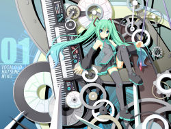 Rule 34 | 1girl, akashio (loli ace), aqua hair, blue eyes, detached sleeves, female focus, full body, hatsune miku, headset, instrument, keyboard (instrument), legs, long hair, necktie, shoes, skirt, smile, solo, synthesizer, thighhighs, twintails, vocaloid, wallpaper