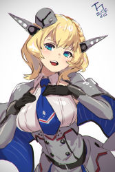 Rule 34 | 1girl, blonde hair, blue eyes, blue necktie, blush, braid, breasts, capelet, colorado (kancolle), dated, dress, elbow gloves, garrison cap, gloves, grey background, grey hat, hands on own chest, harusame tsubaki, hat, headgear, kantai collection, necktie, one-hour drawing challenge, open mouth, short hair, signature, simple background, solo
