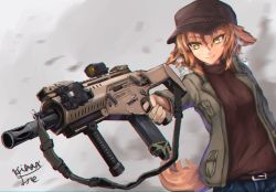 Rule 34 | 1girl, animal ears, chromatic aberration, gun, hat, hibax-fre, holding, holding gun, holding weapon, jacket, orange hair, original, pointing weapon, solo, turtleneck, weapon, weapon request, yellow eyes
