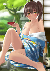 Rule 34 | 10s, 1girl, alcohol, alternate costume, arm support, backlighting, bare shoulders, blurry, blush, bottle, breasts, brown eyes, brown hair, cleavage, collarbone, cup, depth of field, drunk, floral print, hal 2001lop91, highres, holding, indoors, japanese clothes, kaga (kancolle), kantai collection, kimono, large breasts, light smile, looking at viewer, looking to the side, obi, off shoulder, on floor, sakazuki, sash, side ponytail, sitting, solo, stone lantern, tree, wine bottle
