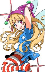 Rule 34 | 1girl, :d, american flag legwear, arms behind head, arms up, asymmetrical legwear, blonde hair, blue dress, blush, clownpiece, dress, fairy wings, from side, hat, highres, jester cap, leg up, long hair, looking to the side, mismatched legwear, no shoes, open mouth, pantyhose, pink eyes, pink hat, polka dot headwear, print dress, smile, solo, standing, standing on one leg, star (symbol), star print, striped clothes, striped pantyhose, tareme, touhou, very long hair, wings, zk (zk gundan)